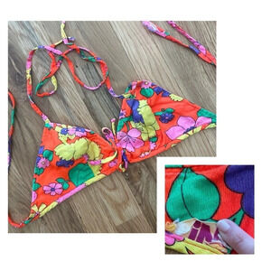 Vtg 60s/70s Floral Tie Bra Bikini Top Size Small